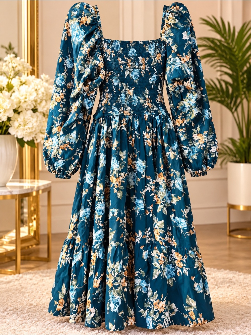Teal Floral Puff-Sleeve Maxi Dress